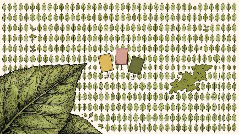 Campo de hojas pequeñas e iguales en hileras, con tres tarjetas torcidas, amarilla, rosa y verde, plantadas en el medio y una hoja gigante cortada en la esquina