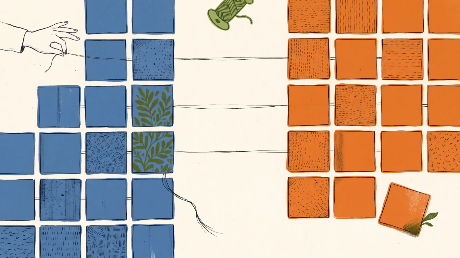 Dos cuadrículas de azulejos, azul a la izquierda y naranja a la derecha, unidas azulejo a azulejo por hilos finos, con un azulejo naranja suelto, sin hilo, en la esquina inferior