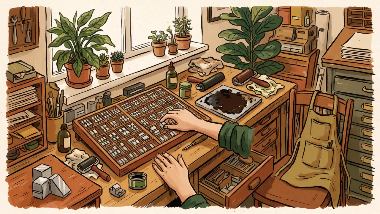 Taller de tipografía en gouache: manos sobre una caja de tipos de madera con muchos compartimentos, entre rodillos de tinta, plantas en la ventana y un delantal colgado