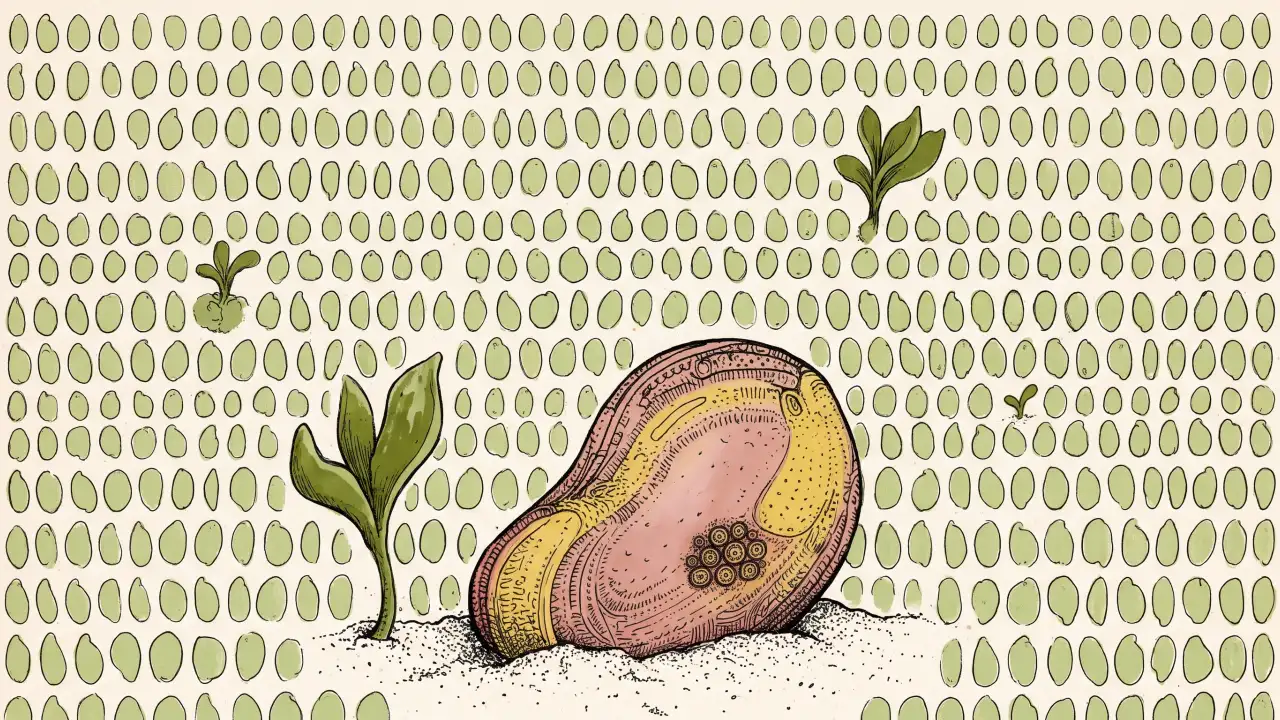 Campo ordenado de semillas pequeñas e iguales y, en el centro, una semilla enorme, rosa y amarilla, de forma propia, con círculos pequeños dispuestos como ruedas
