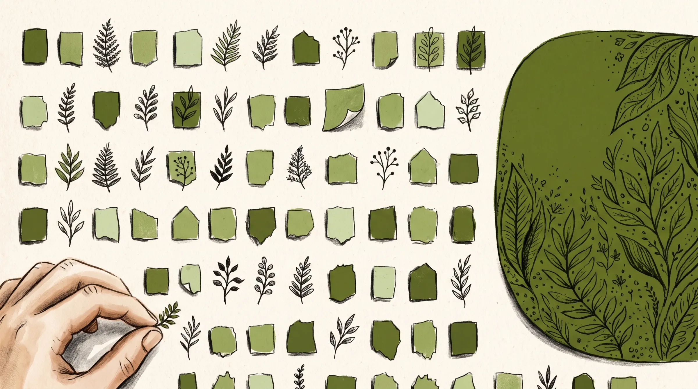 Campo denso de pequeñas tarjetas de color en filas sobre papel claro. En el tercio derecho, una tarjeta enorme en verde musgo, con una rama dibujada, domina la escena. En la mitad superior, una tarjeta pequeña tiene la punta doblada. En la esquina inferior izquierda, una mano sostiene una rama.