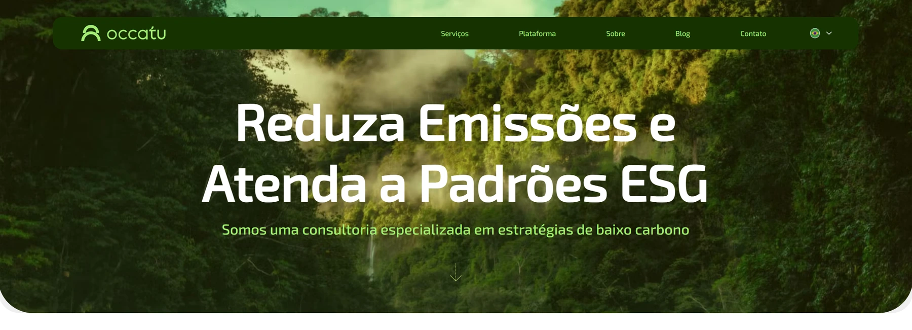 Parte superior del sitio de Occatu, con el titular Reduza Emissões e Atenda a Padrões ESG (Reduce emisiones y cumple con los estándares ESG) sobre una foto aérea de bosque cerrado